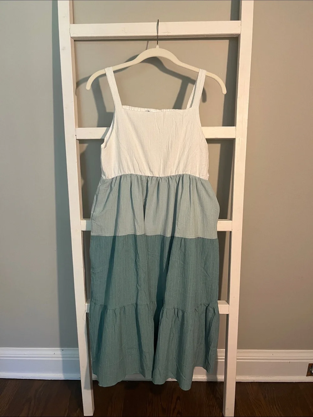 Girls White and Sage Tiered Sundress